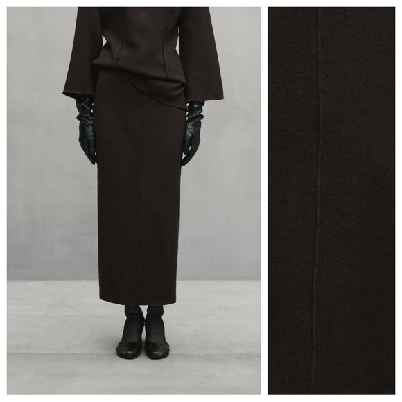NWT. Massimo Dutti Studio Brown Wool Blend Midi Skirt with Seams. Size XS.
